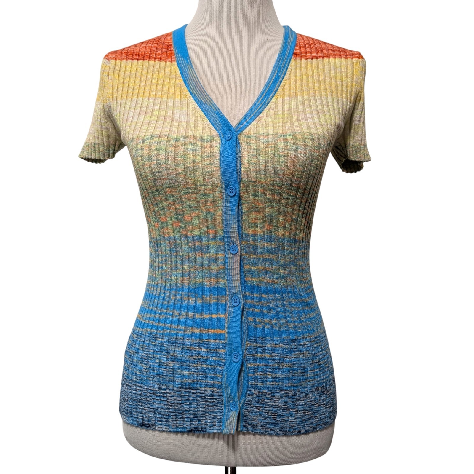 Staud Womens Size S Rainbow Space Dyed Cargo Ribbed Button Front S/S Fitted Top