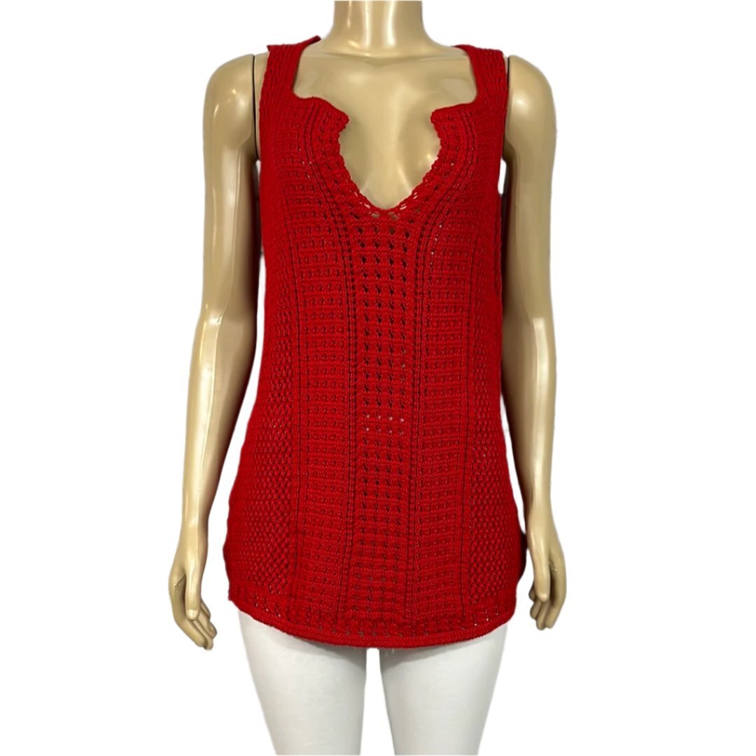 Cotton Country Top Womens Round Neck Open Knit Sleeveless Falls Below Waist
