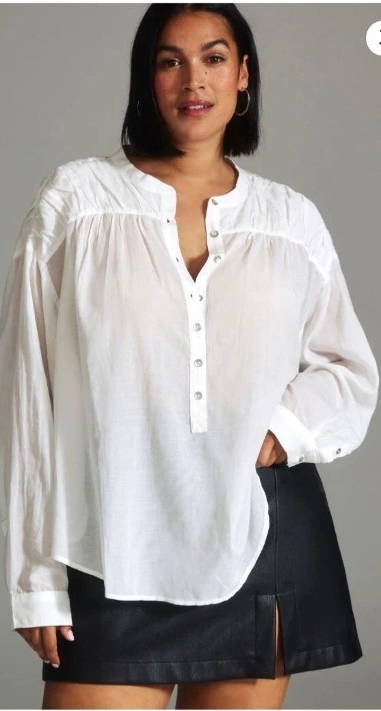 Pilcro Shirt Women XS White Crew Neck Henley Blouse Preppy Peasant Boho Anthro