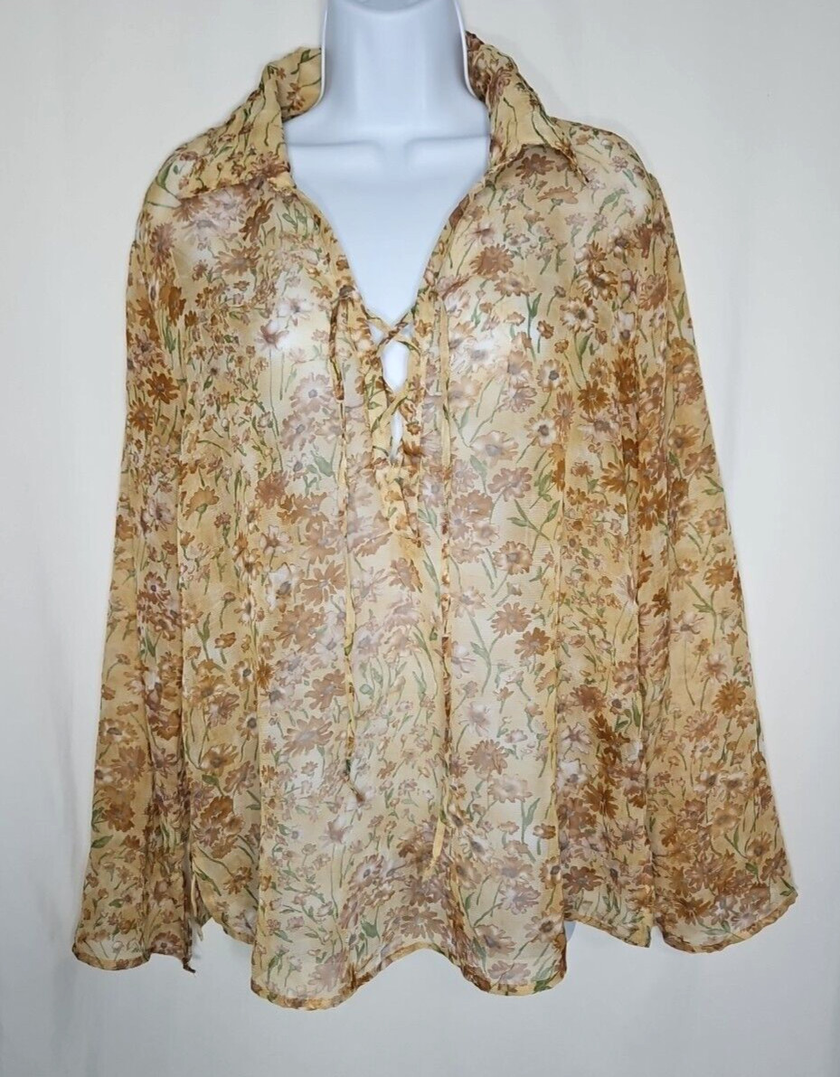 MixIt Women’s Beige Floral Sheer 1/4 Lace-Up Long Sleeve Blouse Size Large NWOT