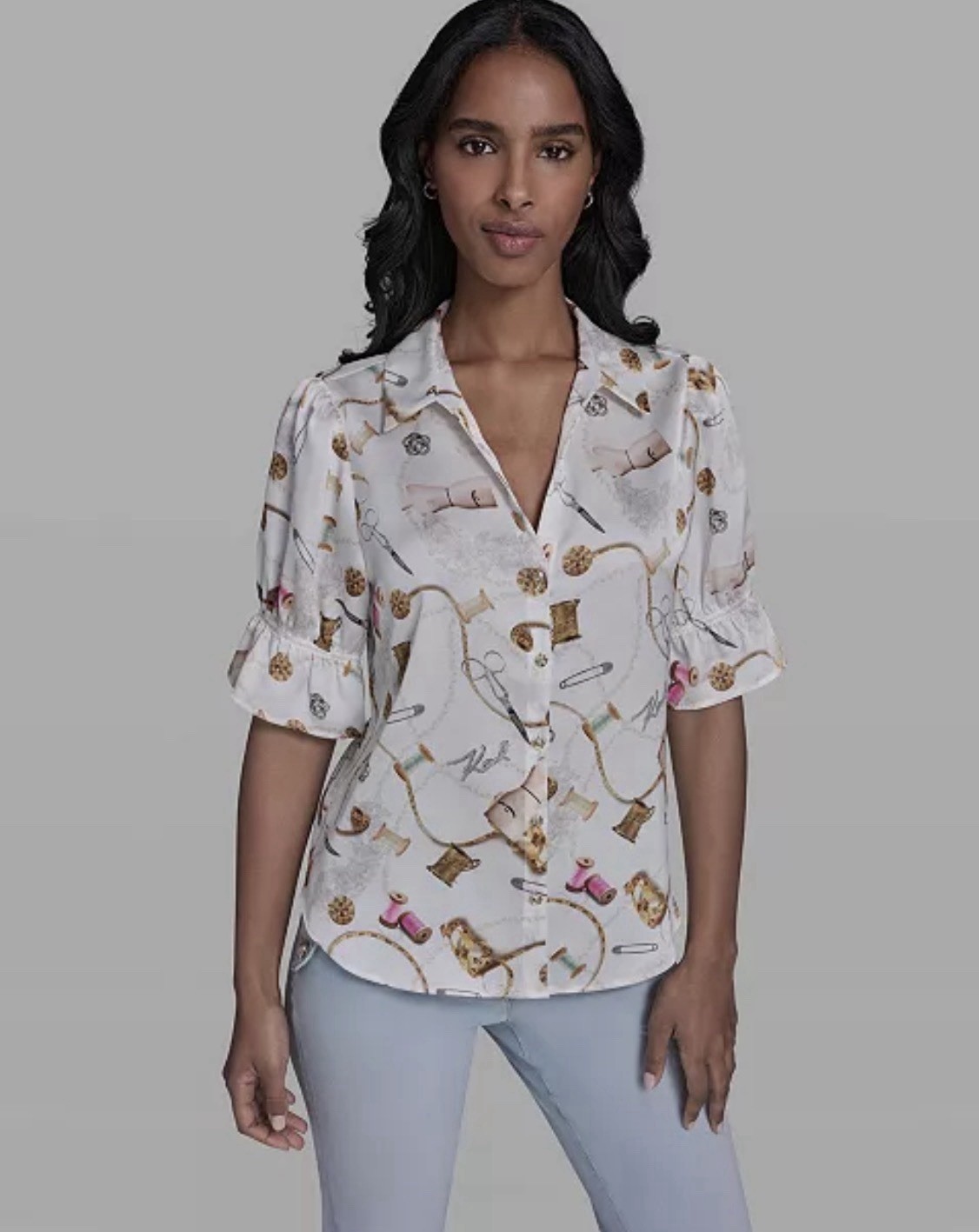 Karl Lagerfeld Paris Women’s Size Small Sewing Print Ruffle Sleeve Blouse