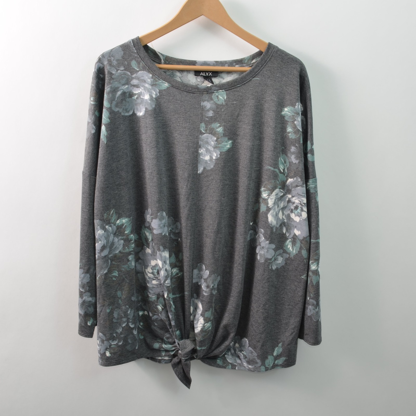 Alyx Womens Tie-Front Hem Blouse 2X Gray Jersey Polyester Blend Stretch Floral