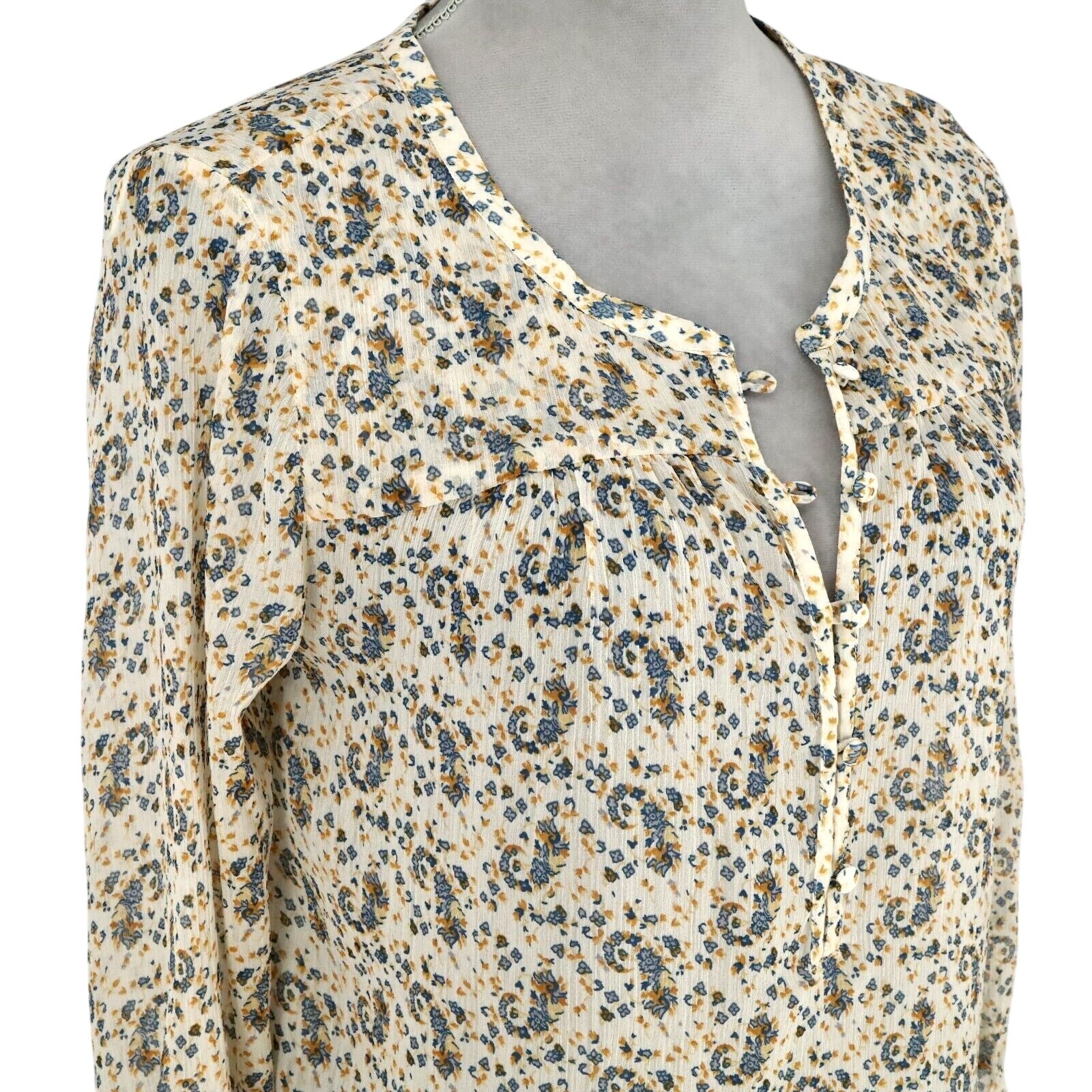 Lucky Brand Top Womens Medium Beige Blue Floral Sheer Chiffon Blouse Whimsy