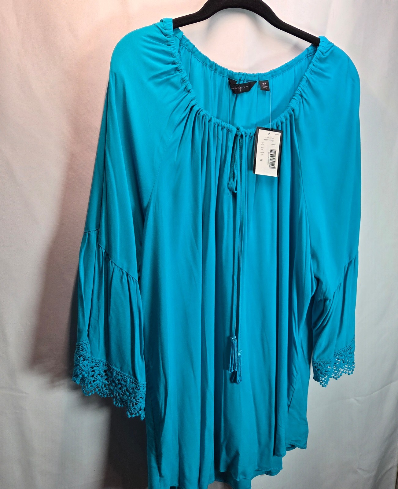 Investments II Turquoise 2X Blouse Flare Lace Sleeves Boho Tie Neck Hippie