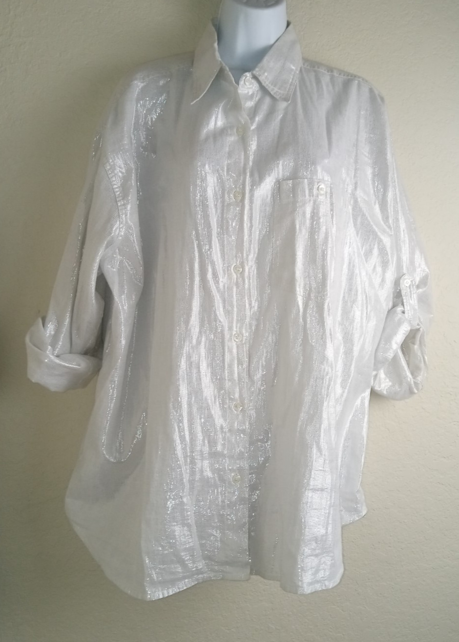 Company One Womens White Shiny Roll tab sleeve Tunic Size 1X