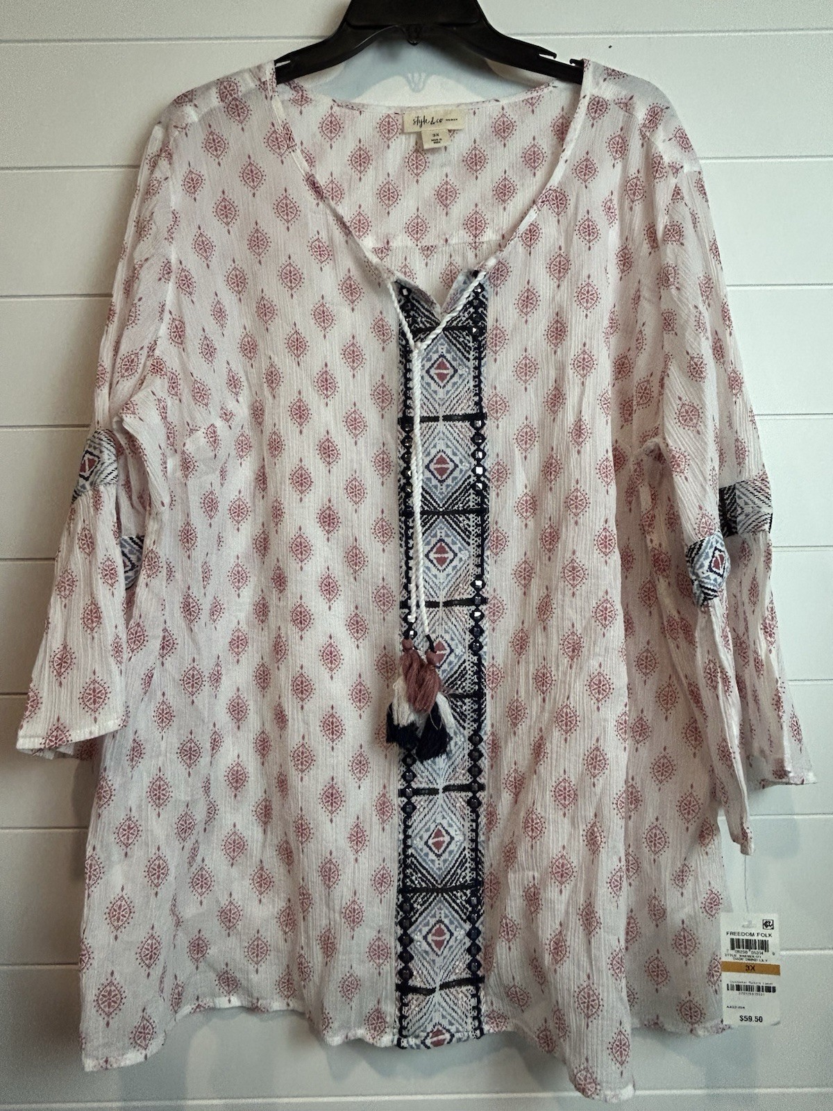 Style & Co Top Sz Womens 3X White Pink Blue Embroidered Bell Sleeve Boho NWT