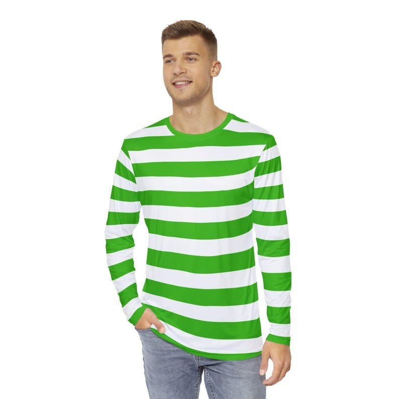 Kelly Green White Striped Long Sleeve Shirt Casual Tee Soft Top FREESHIP USA