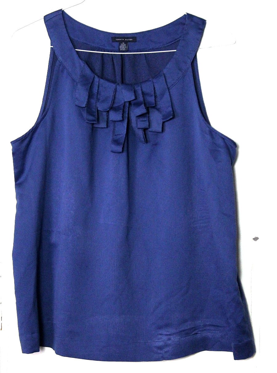 TOMMY HILFIGER SLEEVELESS BLOUSE ladies size XL dark blue front fringe silky