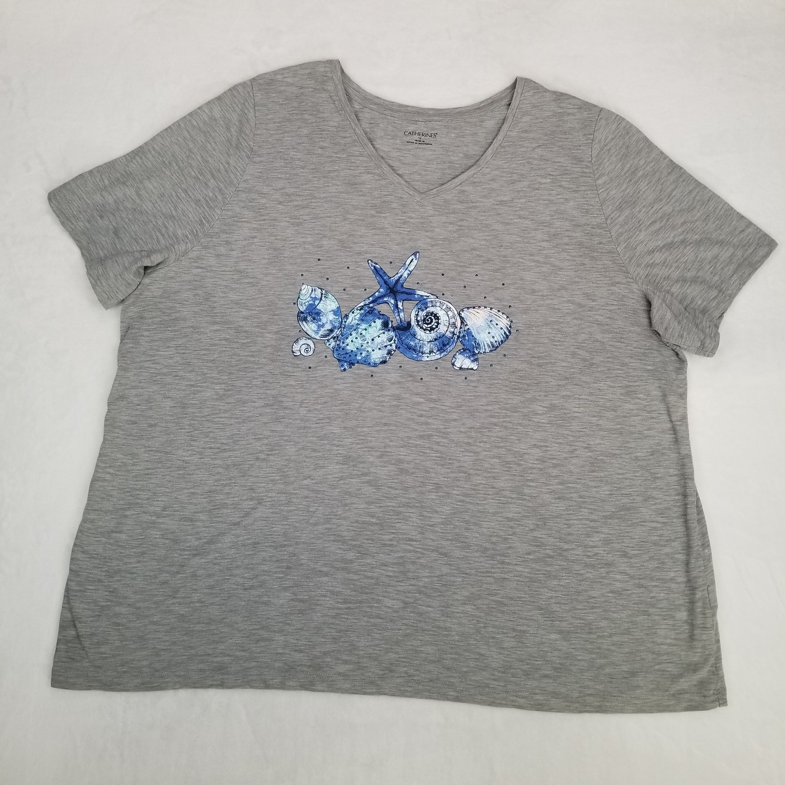 Catherines V-Neck Seashell Starfish Graphic T-Shirt Women’s Size XL Gray Blue