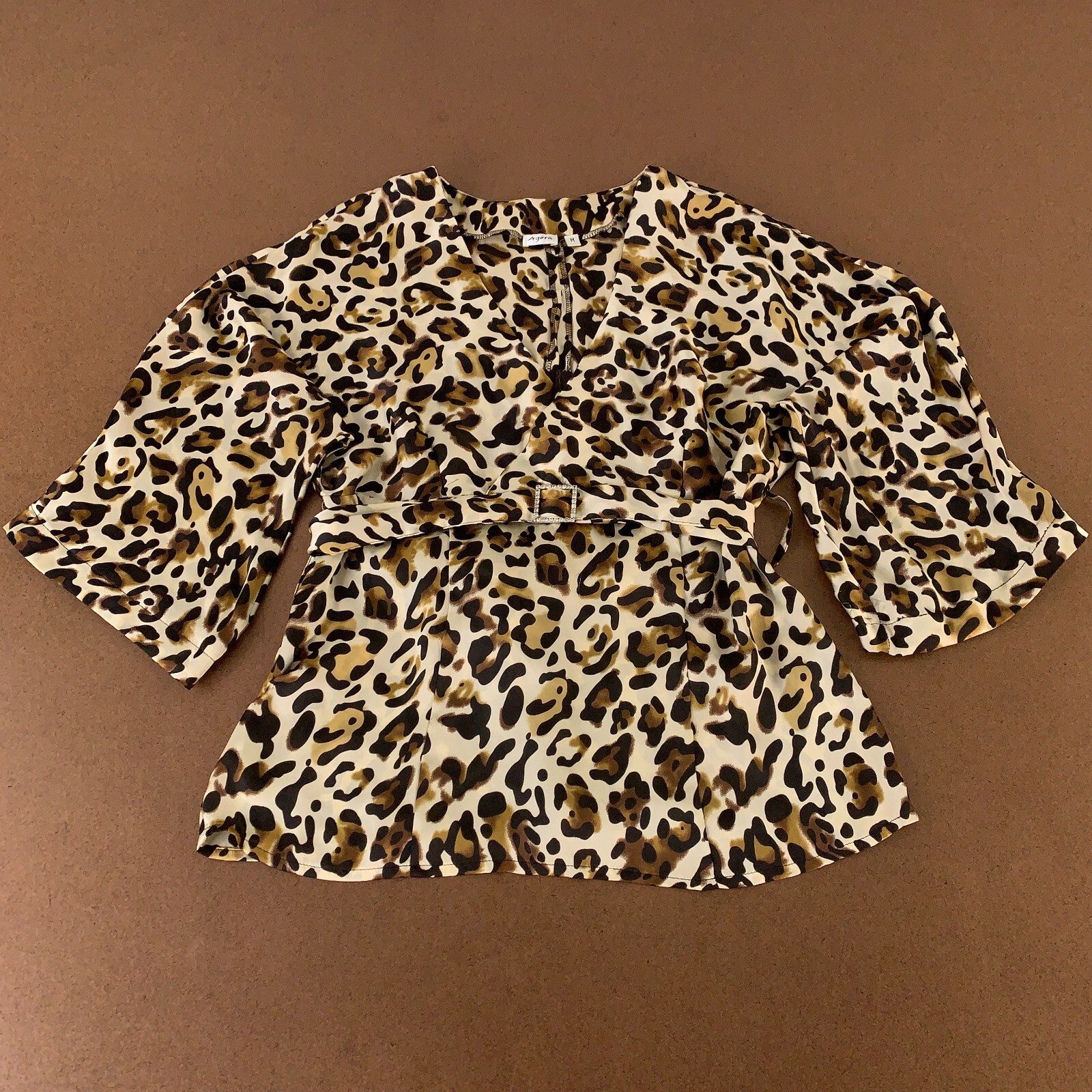 Agora Women’s Size Medium Colorful Animal Print 3/4 Sleeve V Neck Belted Blouse