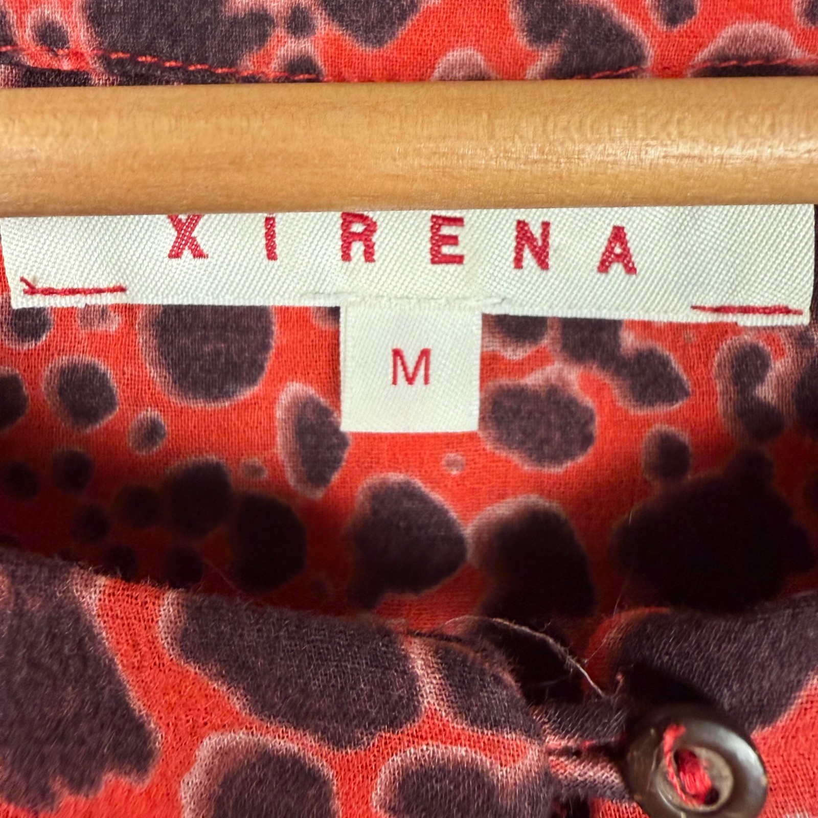Xirena Scarlet Blouse Women Size M Red Black Animal Print Cotton Ruffle Office