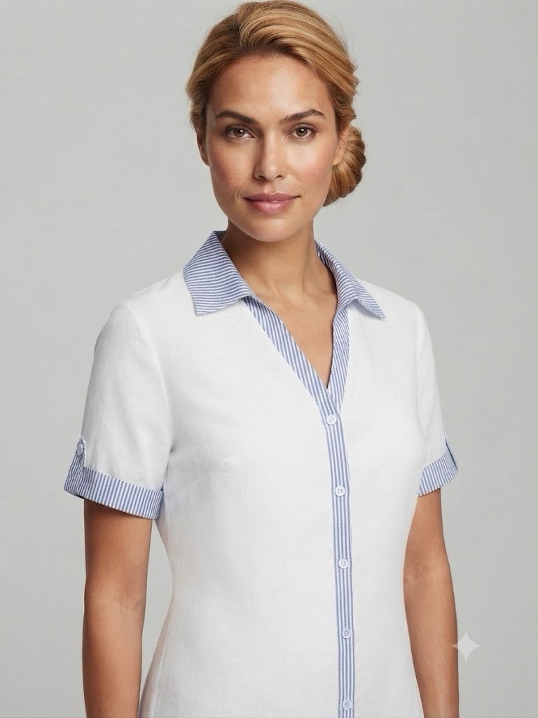Parallel Skies Women’s White/Blue Striped Collared Button Front Blouse Size L