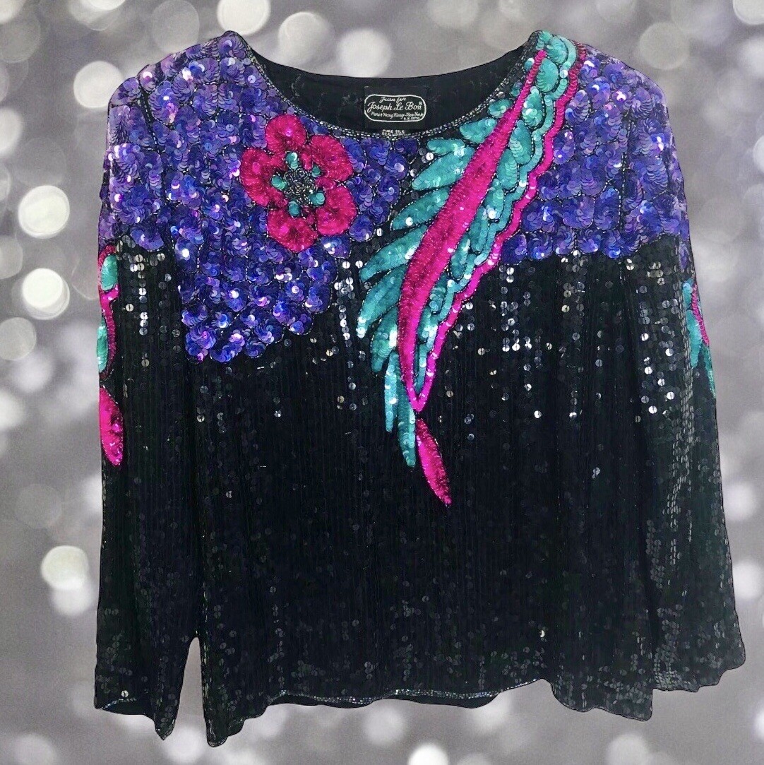 Vtg 80s Jean for Joseph Le Bon Silk Sequined Top Womens Large Beaded Retro Glam