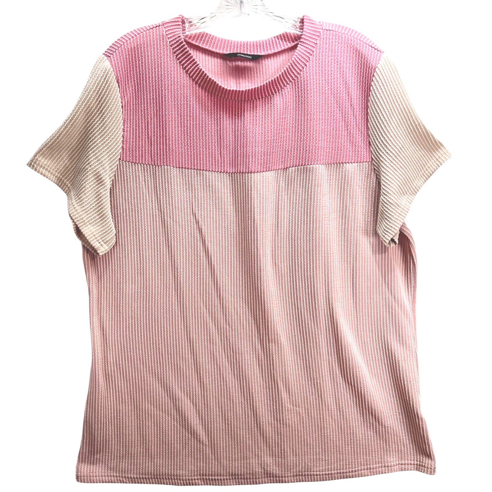 Dokottoo Rose Beige Colorblock Textured Vertical Stripe Short Sleeve Top XL