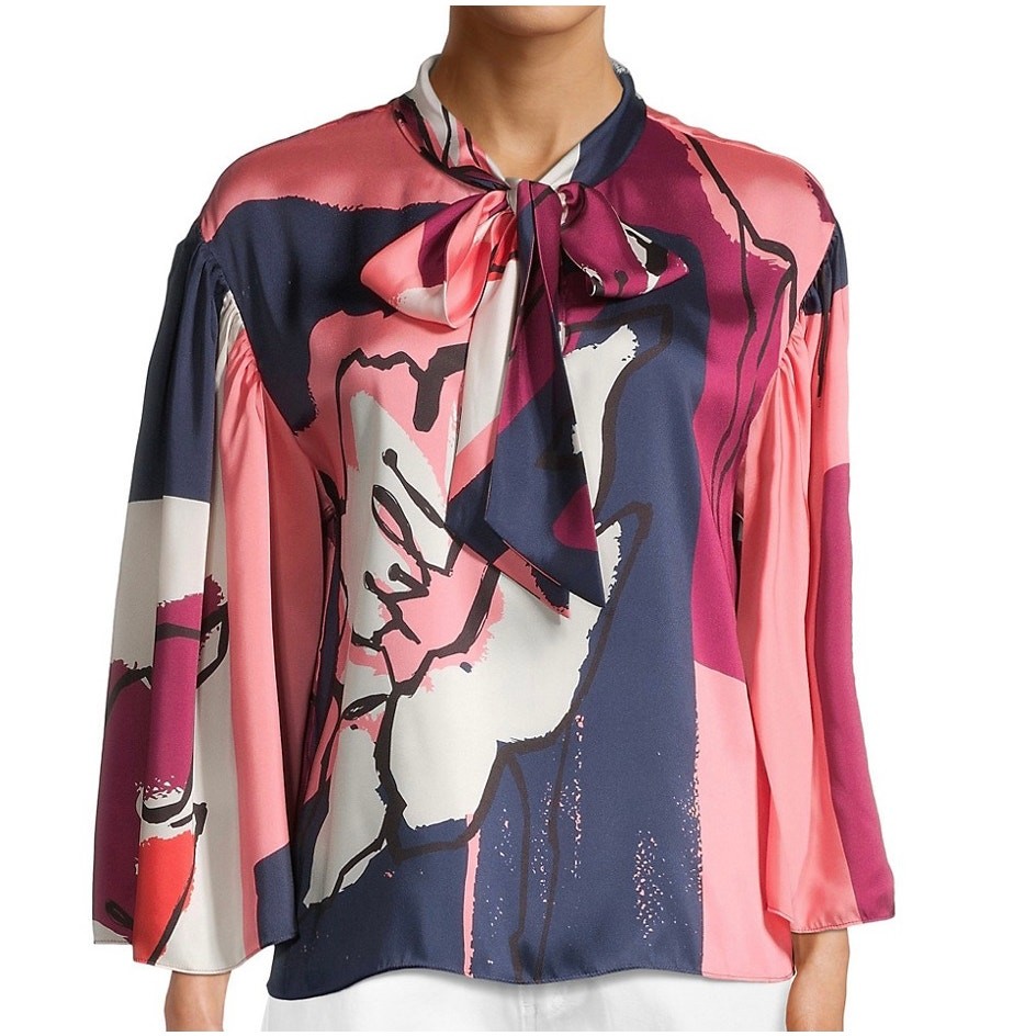 Tanya Taylor Avril Blouse Printed Satin Tie Top Multicolor Print Varies Size M