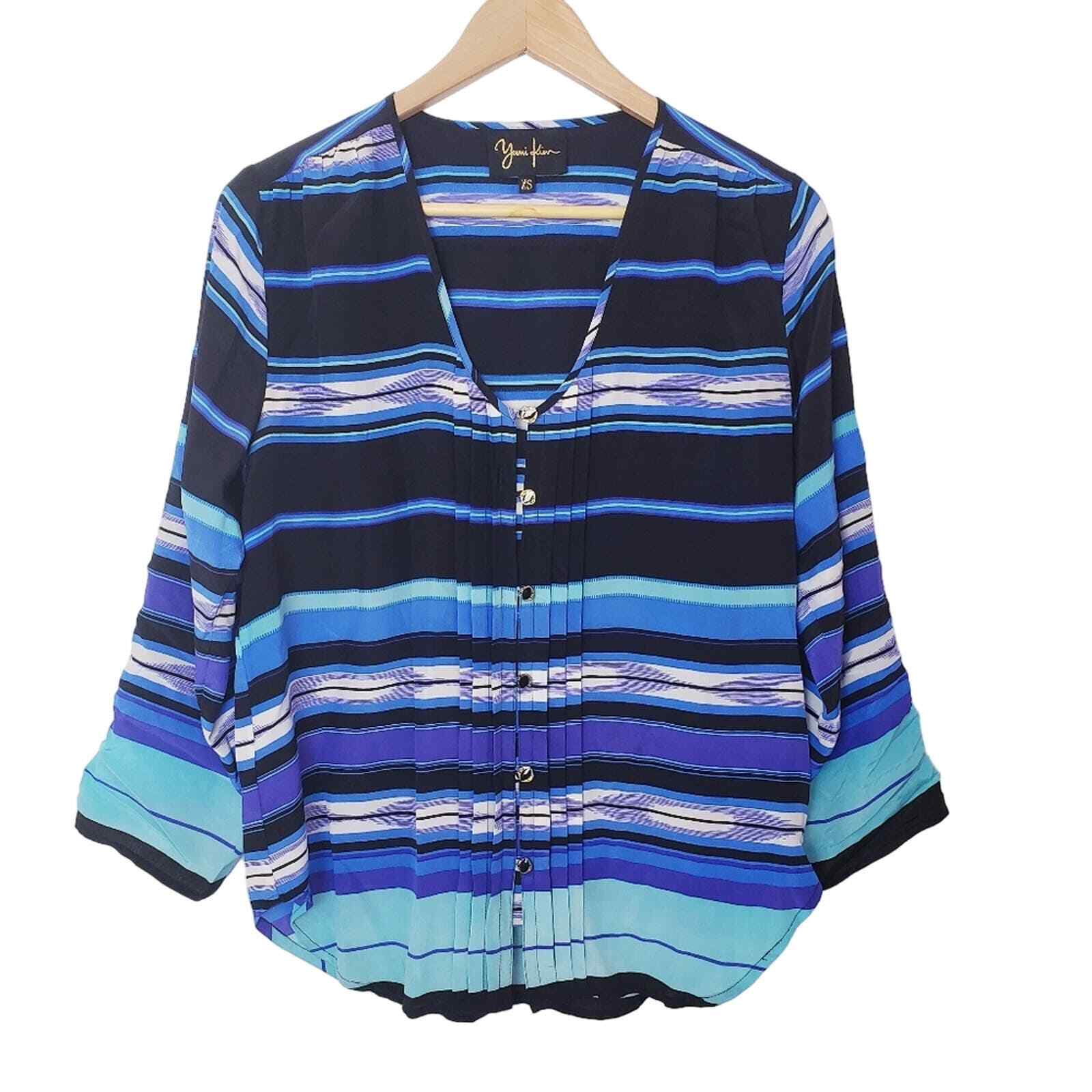 Yumi Kim Size XS Pleated Front 100% Silk Lizzie Button Front Blouse Striped