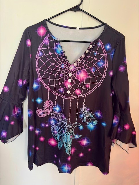 Tunic Style Women’s Nylon Blend Blouse Dreamcatcher Design, Flared Sleeves, Sz S