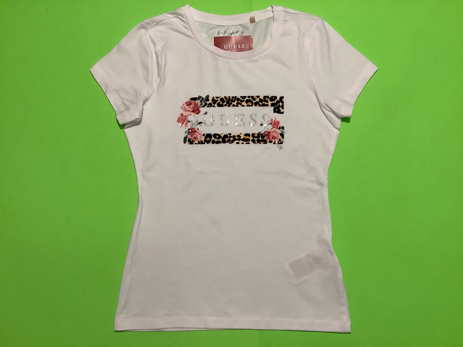 GUESS Los Angeles Women’s Short Sleeve T-Shirt MEDIUM White w/Silver, Roses New