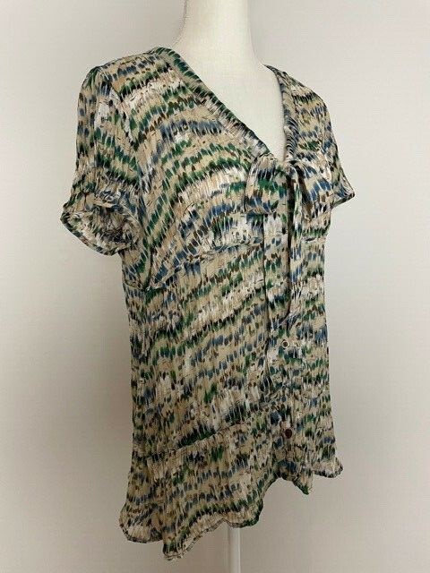 Sunny Taylor Petite Women Button Down Blouse Size PXL Tie V Neck Crinkle Pleated