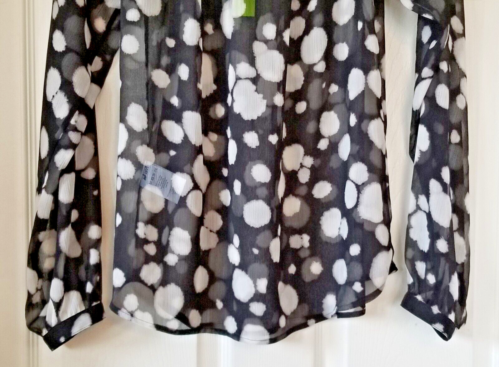 SAM EDELMAN Black & Ivory Spotted Blouse Tie Neck Long Sleeves Sheer Size M NWT