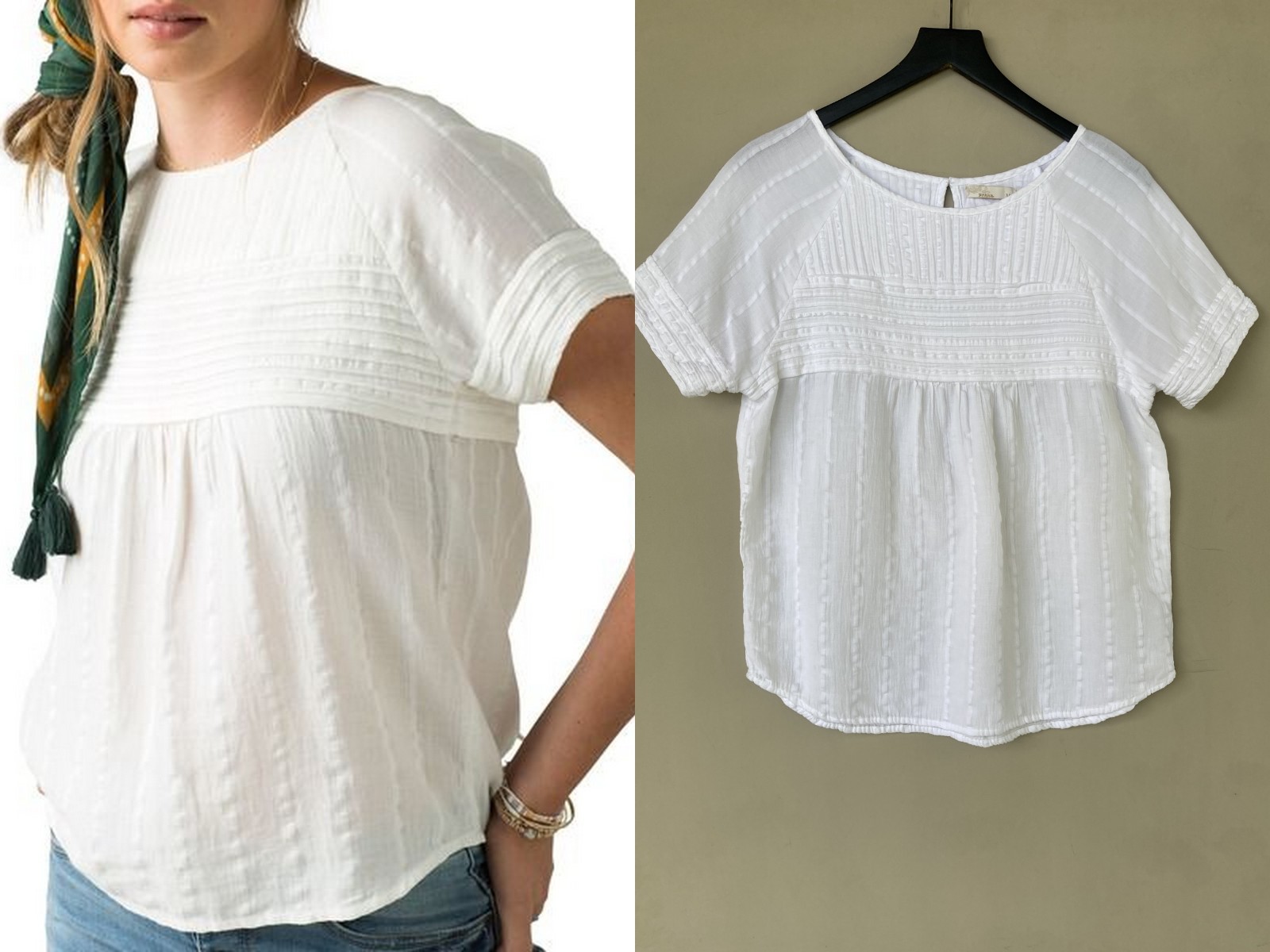 Prana Pinoit Short sleeve shirt organic cotton top sz M white Womens Pleat inv21