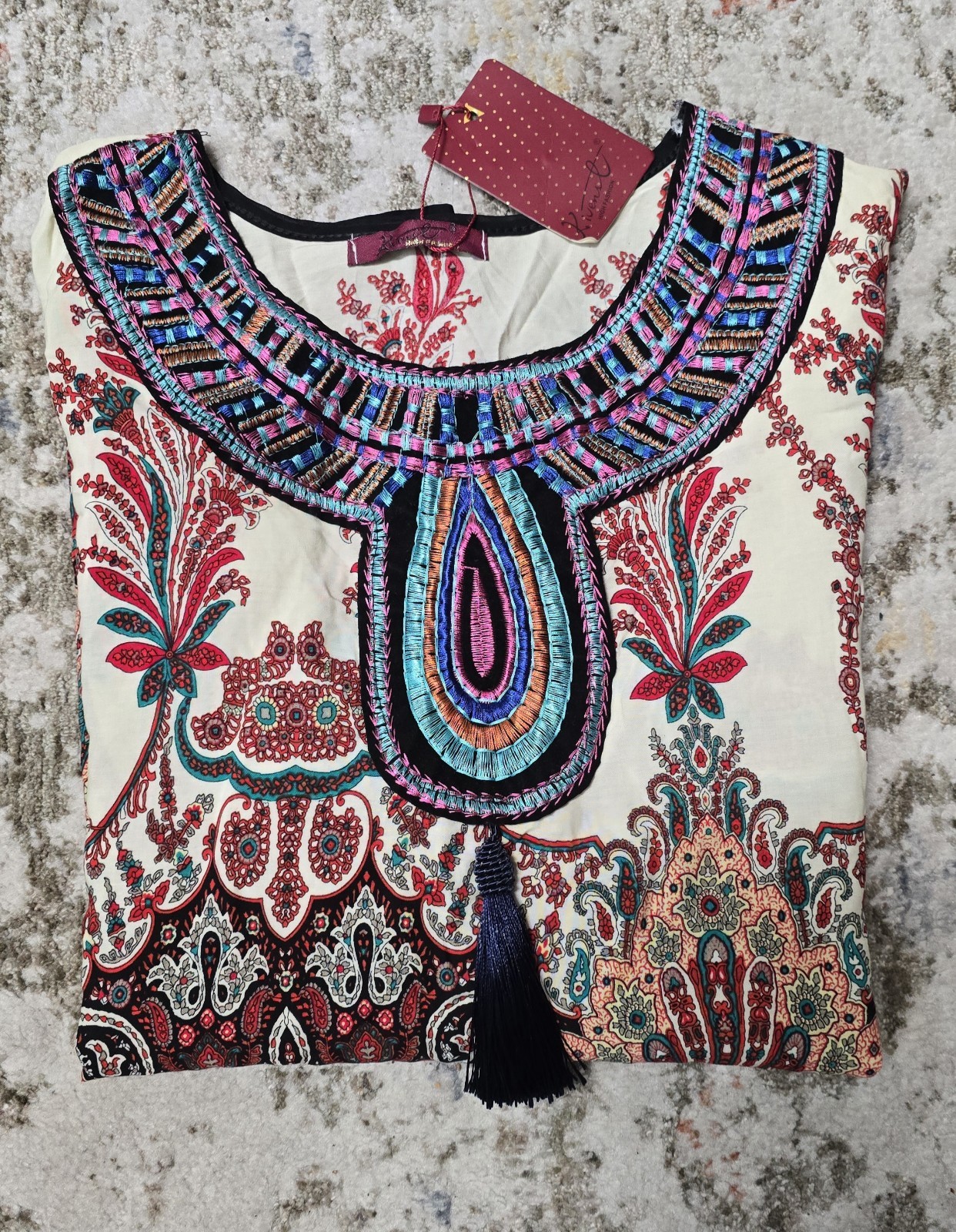 Kivenst Paisley Multicolor Red Cream Print Top Colorful Bohemian Blouse Size L