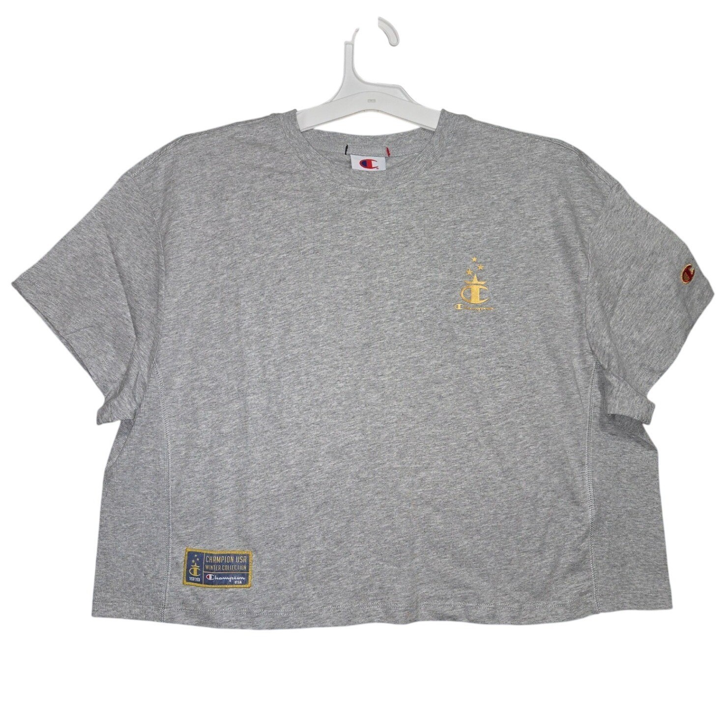 Champion USA Winter Collection Cropped T-Shirt Gray Gold Logo Stars Large