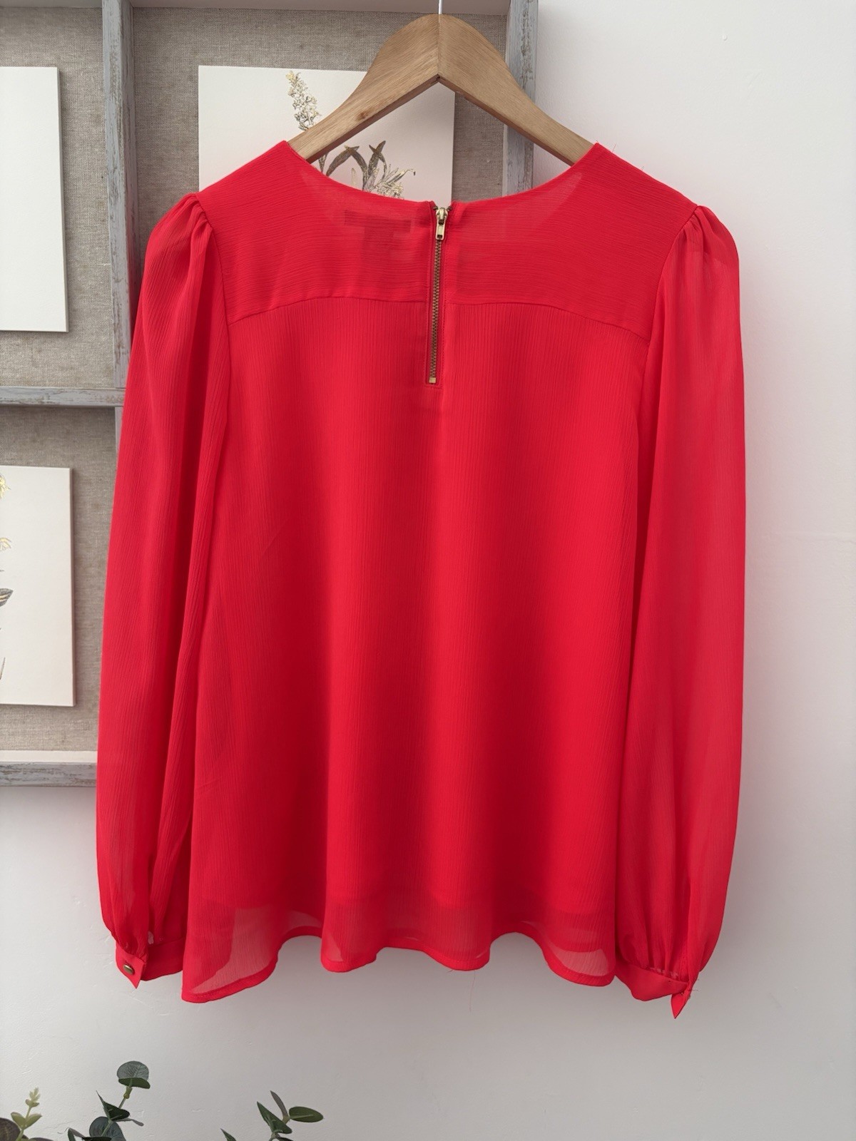 H&M Bright Red Chiffon Blouse Size EUR 34 UK 6 / 8 Long Puff Sleeve Smock Top