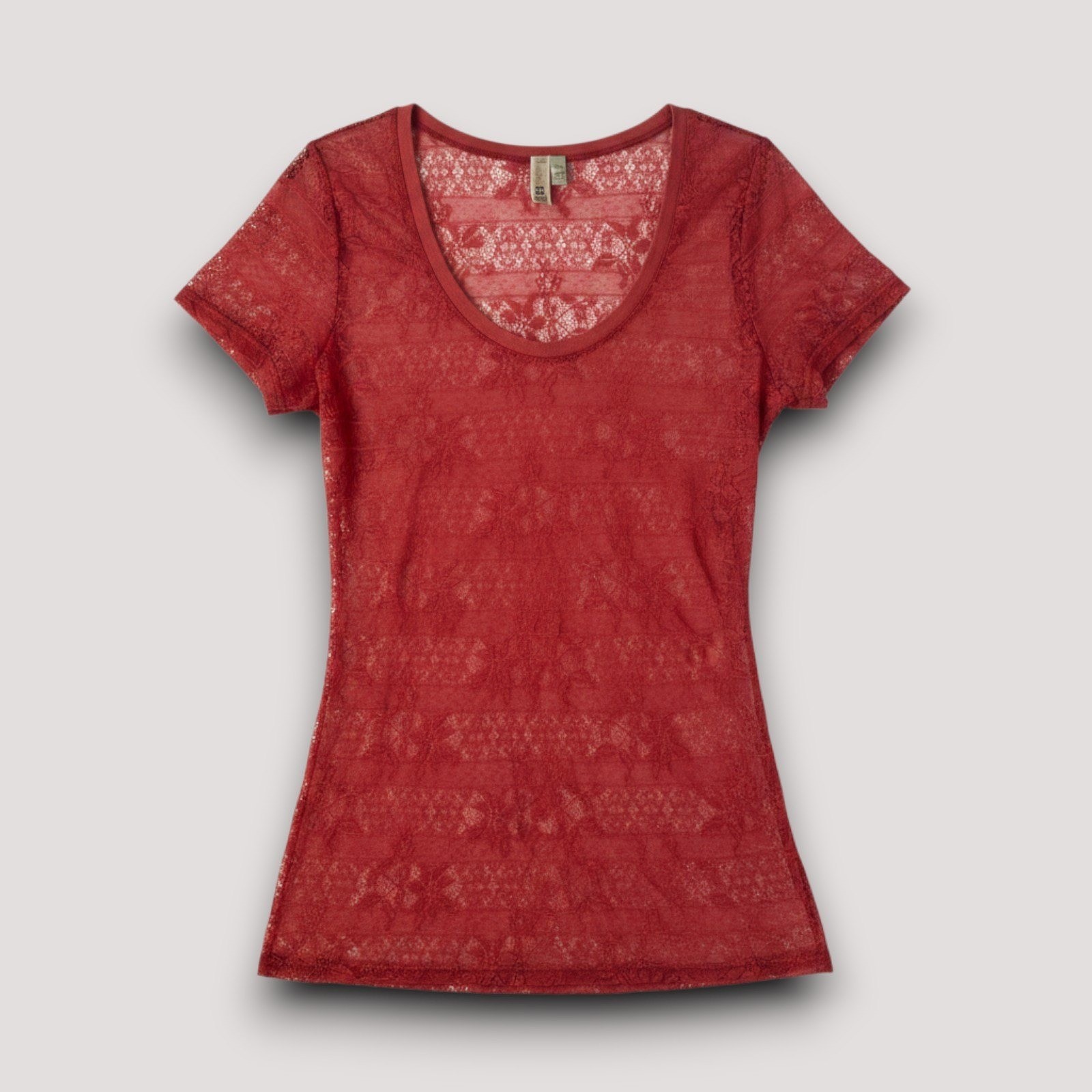 BKE Top Women L Rust Red Sheer Floral Lace Fairy Grunge Short Sleeve Y2K Boho