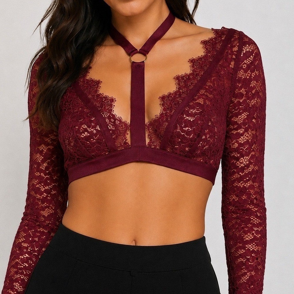 Fashion Nova Crop Top Womens Medium Wine Lace Strapped Love Choker Long Sleeve