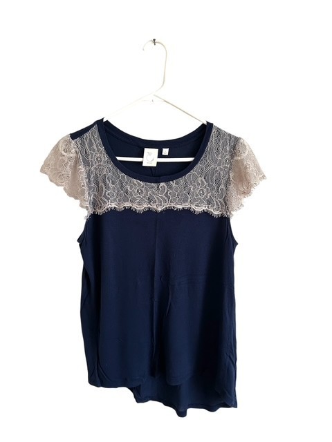 Paris Boutique Navy Blue Knit Top Champagne Lace Yoke Flutter Sleeve Size M