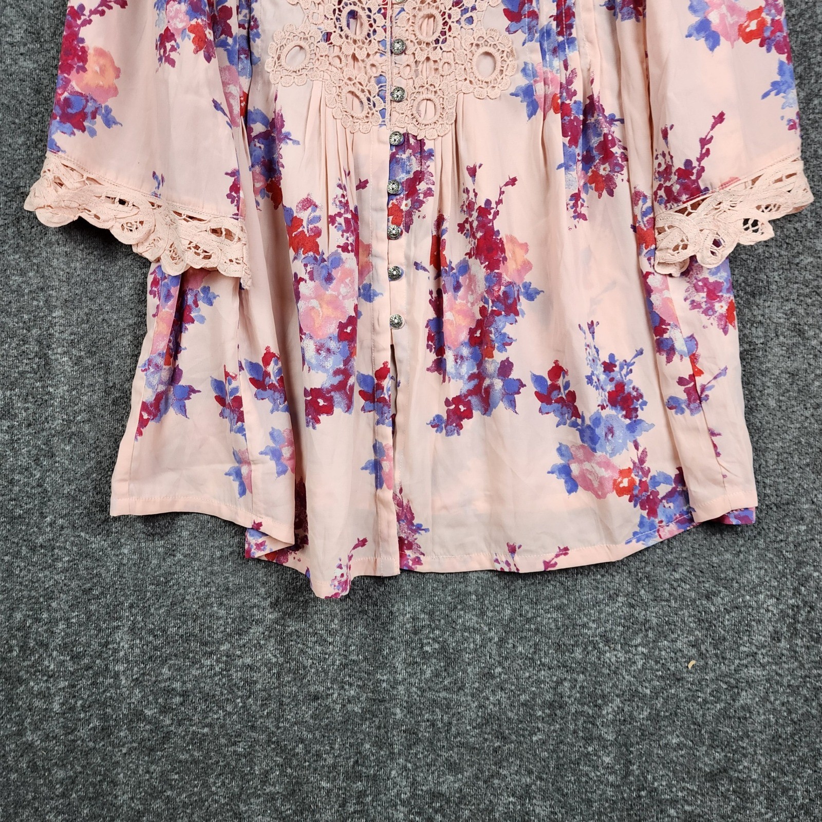Roaman’s Floral Lace Tunic Women 16W Pink Boho Crochet Button Front Pintuck