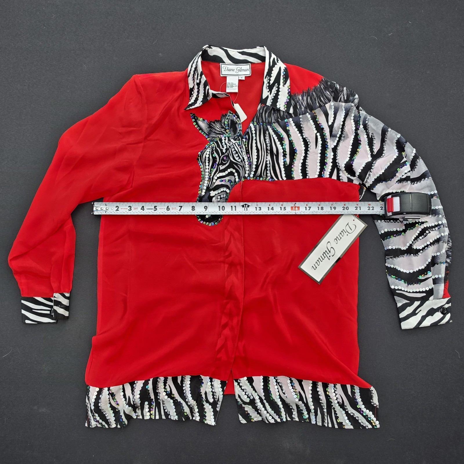Diane Gilman 100% Silk Red Zebra Blouse Button Front NWT Size S