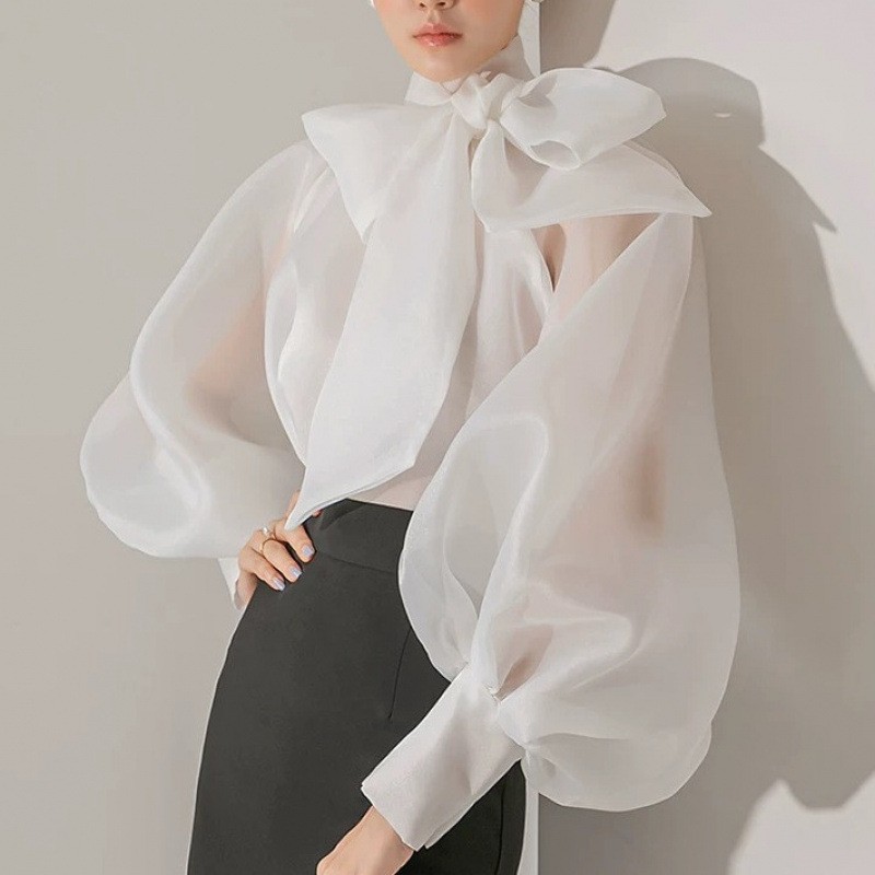 Women’s Puff Sleeves High Neck Bow Shirt Blouse Pullover See-through Tops Party