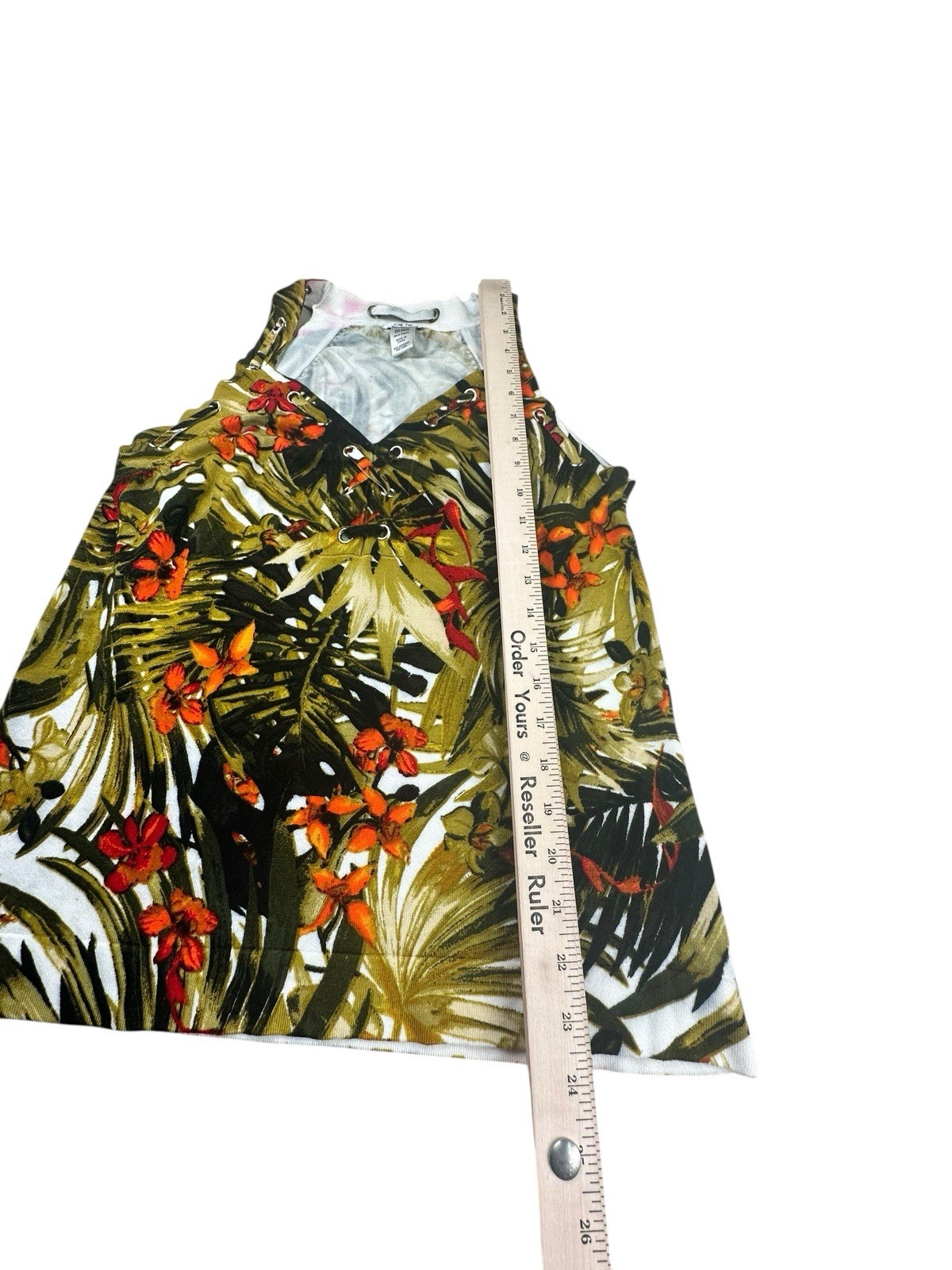 Cache Medium Tropical Multi Color Palm Tree Laced Sleeveless Blouse Top Sz L