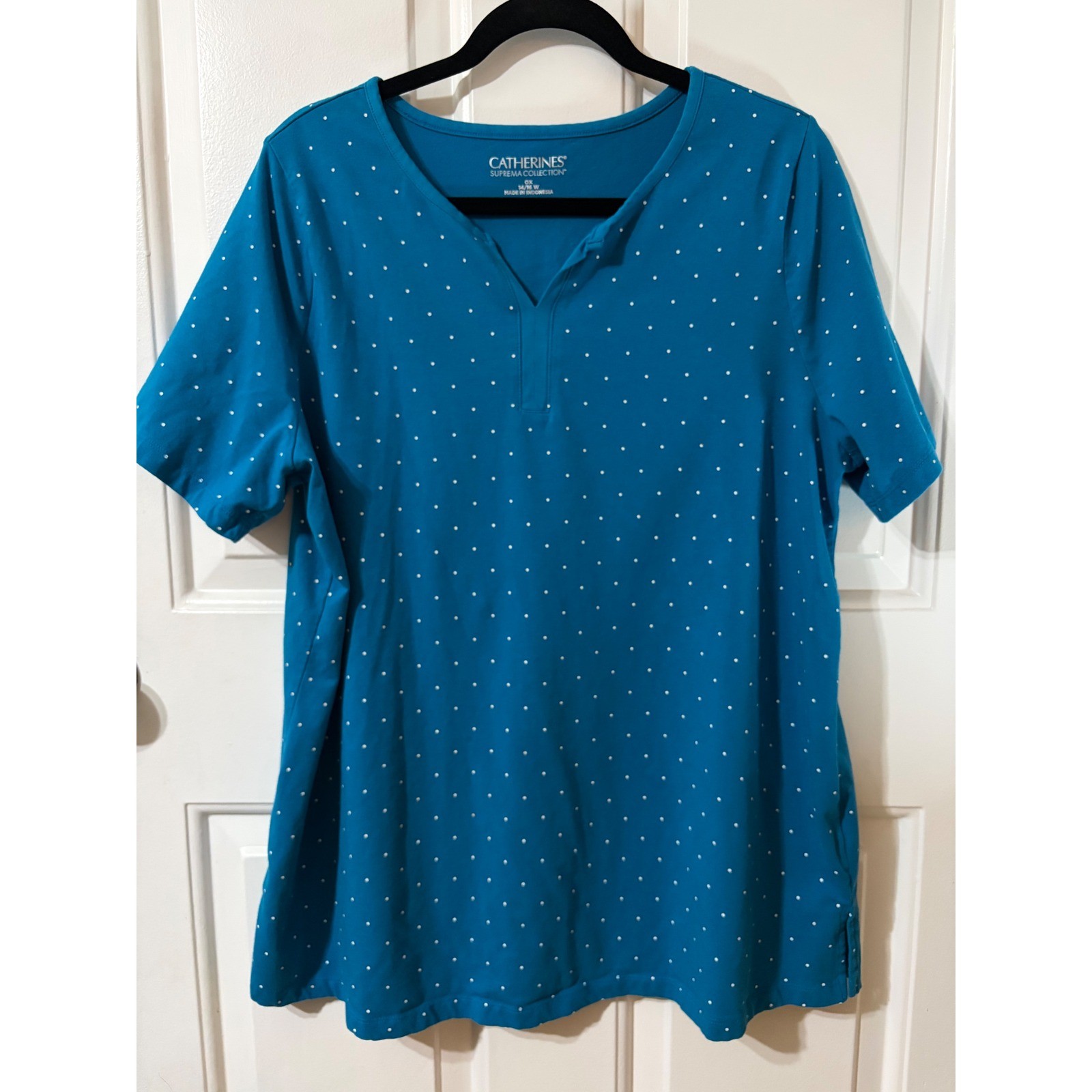 Catherines | Short Sleeve Top || 0X 14/16W || Blue Polka Dot