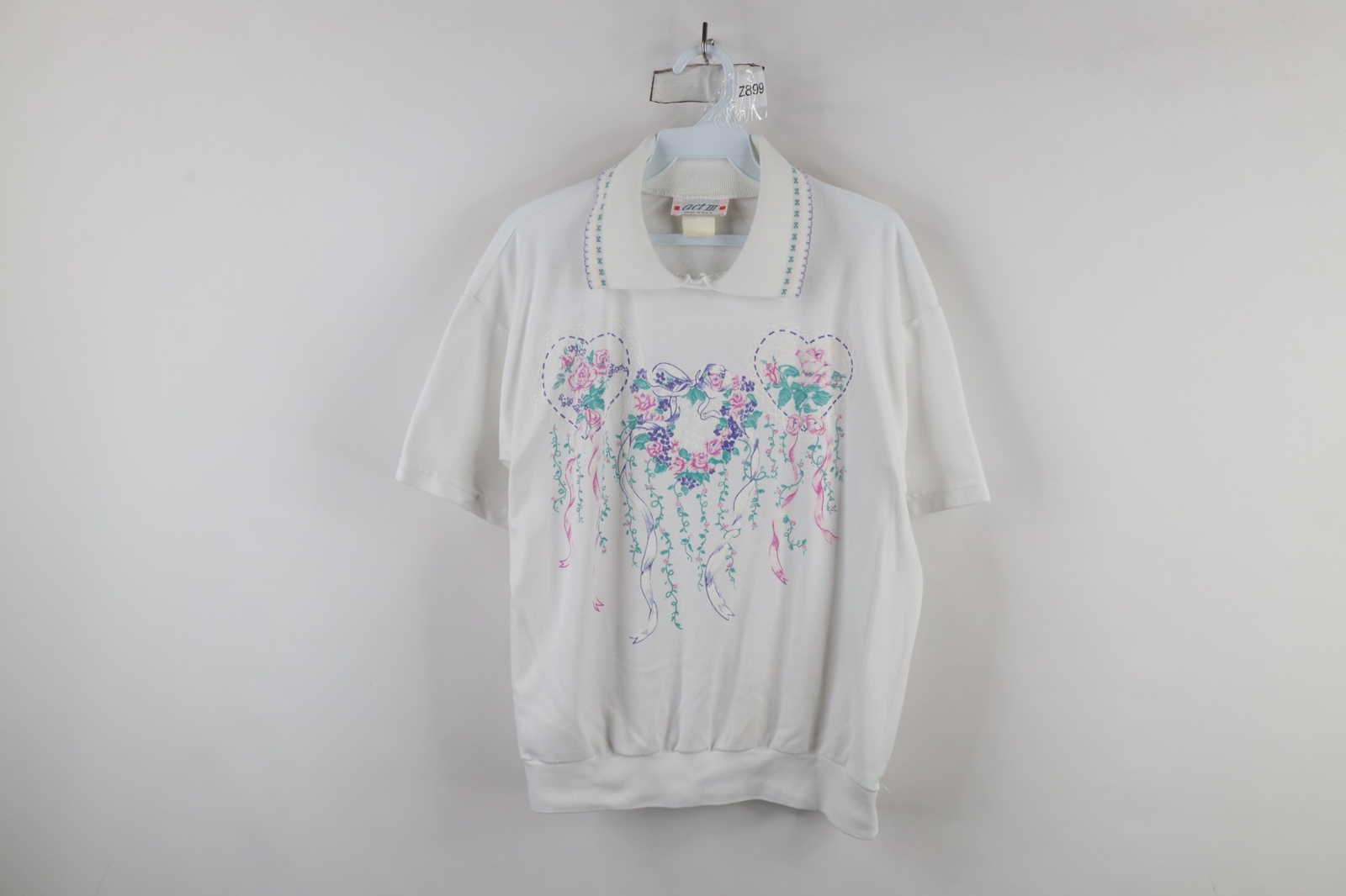 Vtg 90s Country Primitive Womens Large Lace Flower Heart Collared Polo Shirt USA