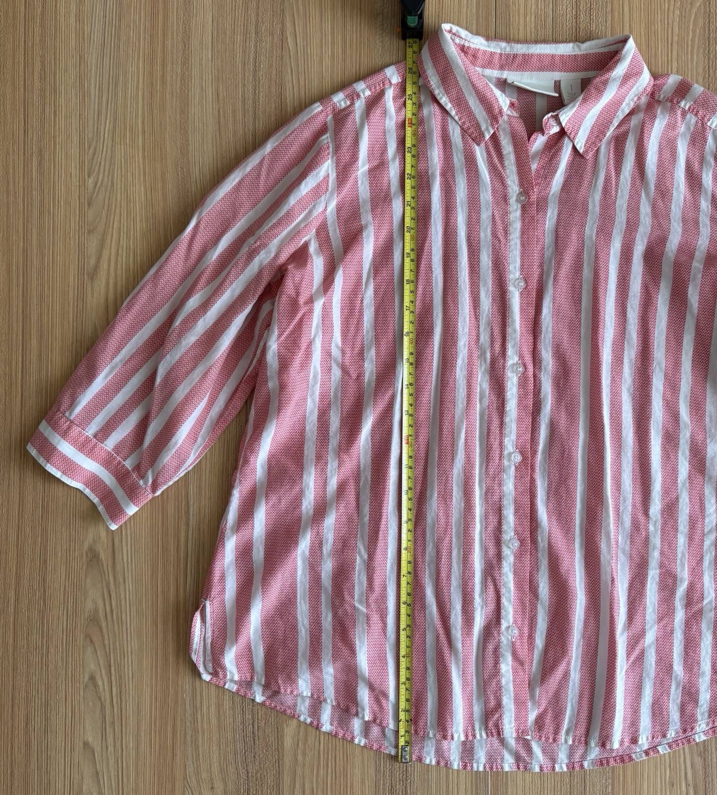 Chicos Candy Stripe Silk Cotton Button Up Shirt Sz 1 Pink Preppy Classic Office