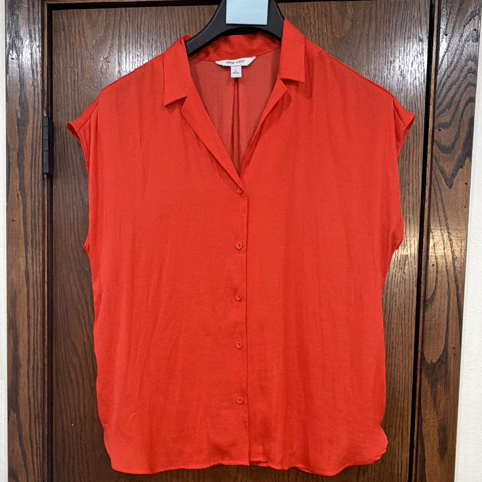 Nine West Orange Red Solid Collared Sleeveless Button Front Chiffon Blouse Sz L
