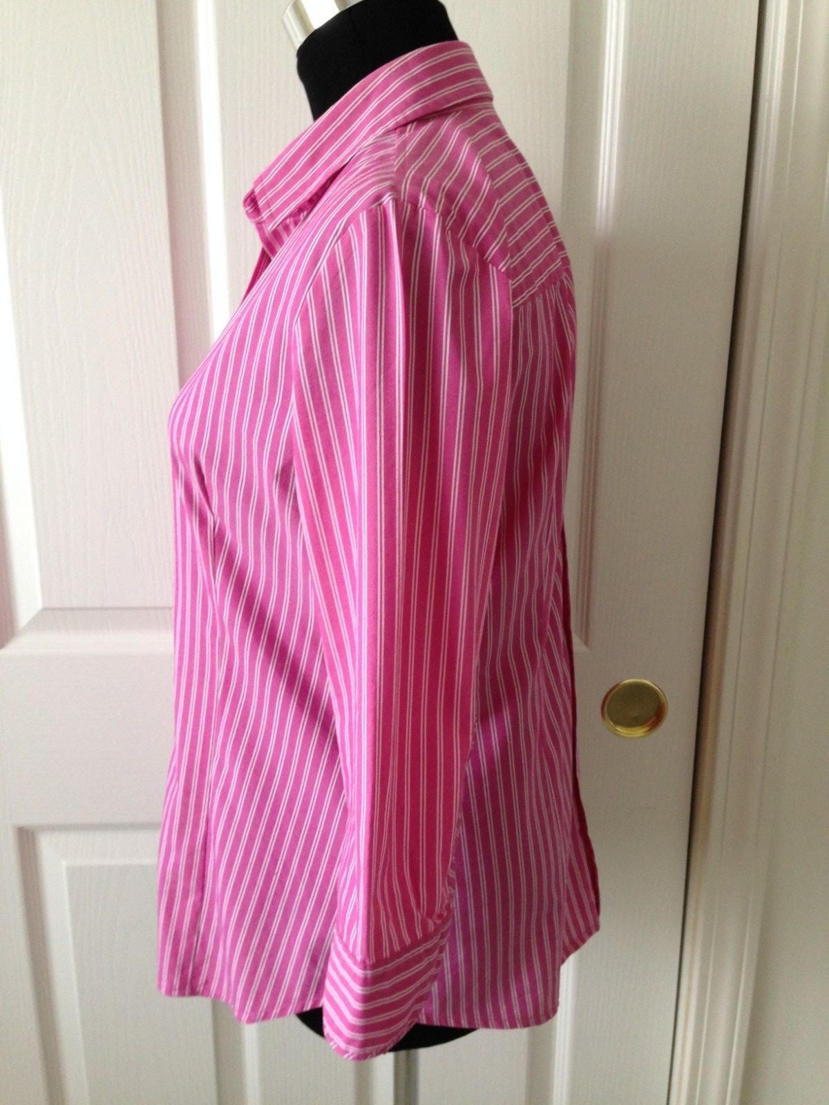 NEW YORK & CO STRETCH PRETTY PINK/WHITE STRIPED COTTON BLEND BLOUSE – SIZE S