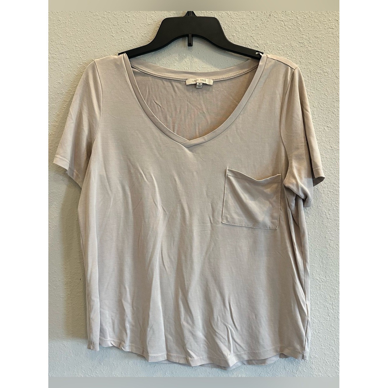 Love Tree Beige V Neck Pocket Tee Medium Minimal Basic