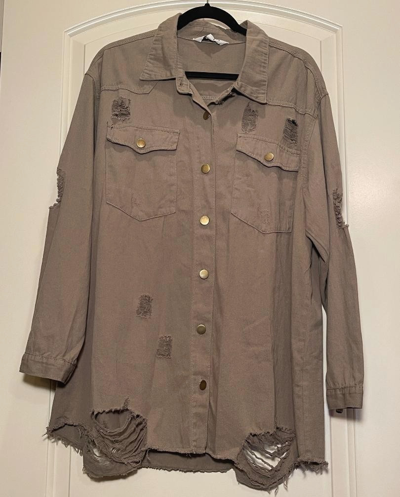 Davi & Dani Womens Large Army Green Distressed Bronze Button Down SZ L
