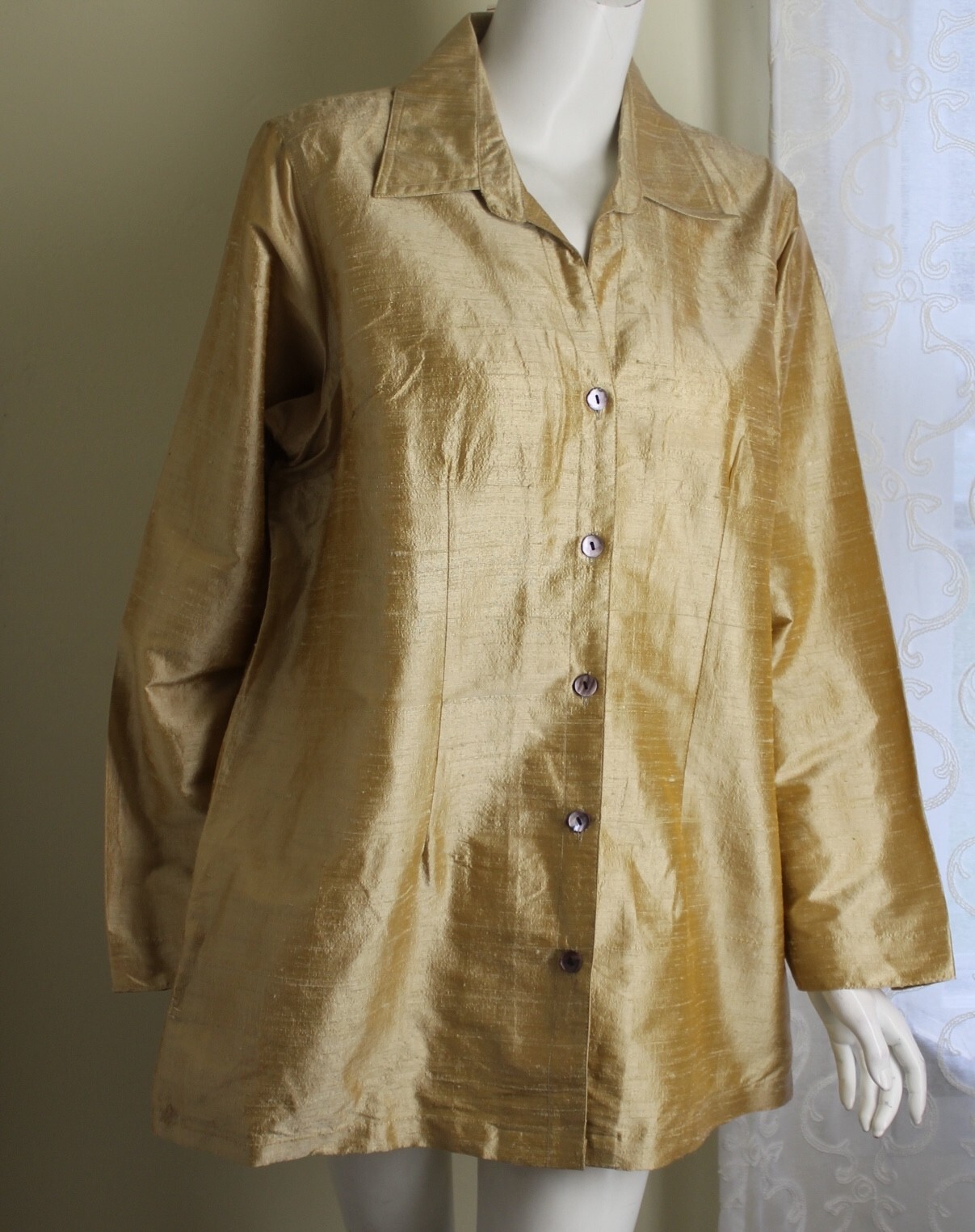 Lux New TravelSmith XL GOLD 100% Silk Dupioni Longer Shirt Jacket Tunic Blouse