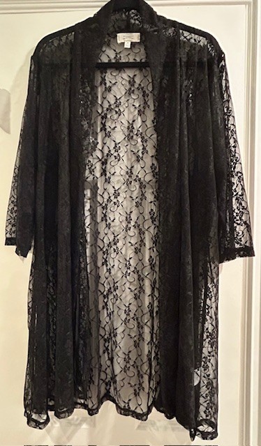 XL/1X/2X/3X New Jet Black Floral Stretchy Lace Long Duster Cardigan Kimono