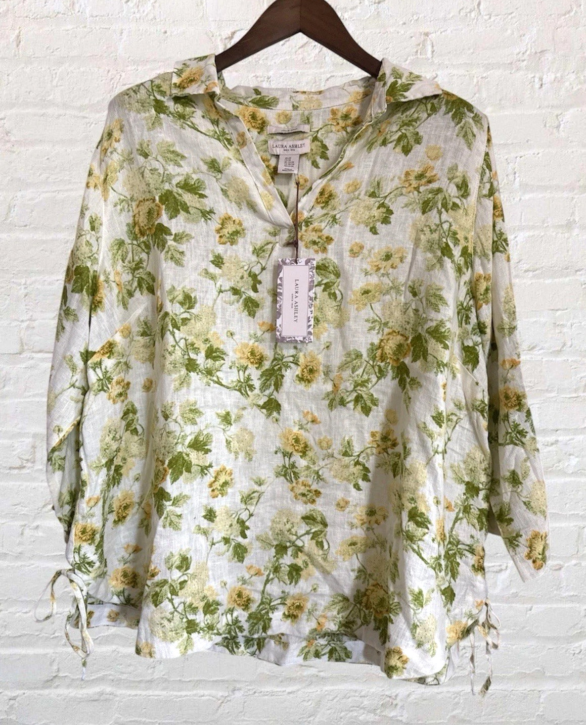 Laura Ashley Blouse Womens 2X 100% Linen Floral Tunic Green Yellow White V-Neck