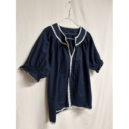 Blue Ric Rac Trim Puff Sleeve Blouse V-Neck Tie Front Peasant Top XL Cottagecore