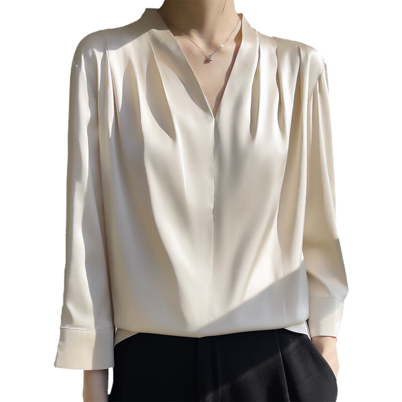 Women’s Elegant Silk Satin V-Neck Tops Shirt Long Sleeve Business Blouses Shirts