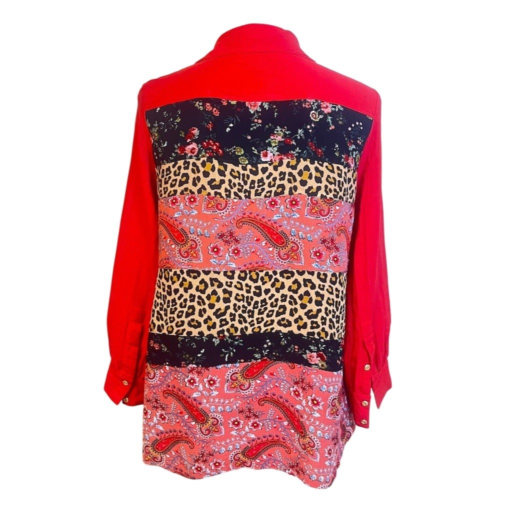 Boho Western Floral Patchwork Shirt S Red Embroidered Animal Print Festival