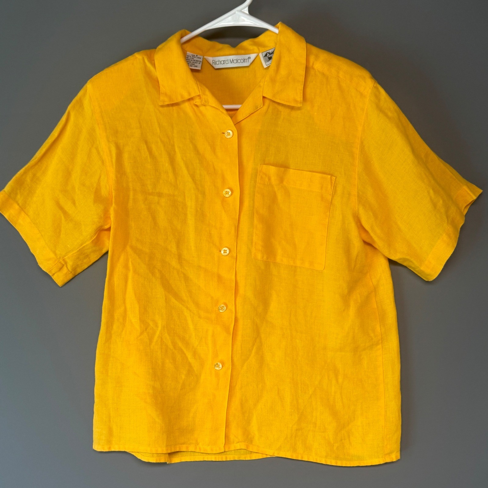 Richard Malcolm Vintage Yellow 100% Irish Linen Short Sleeve Button Down Shirt 8