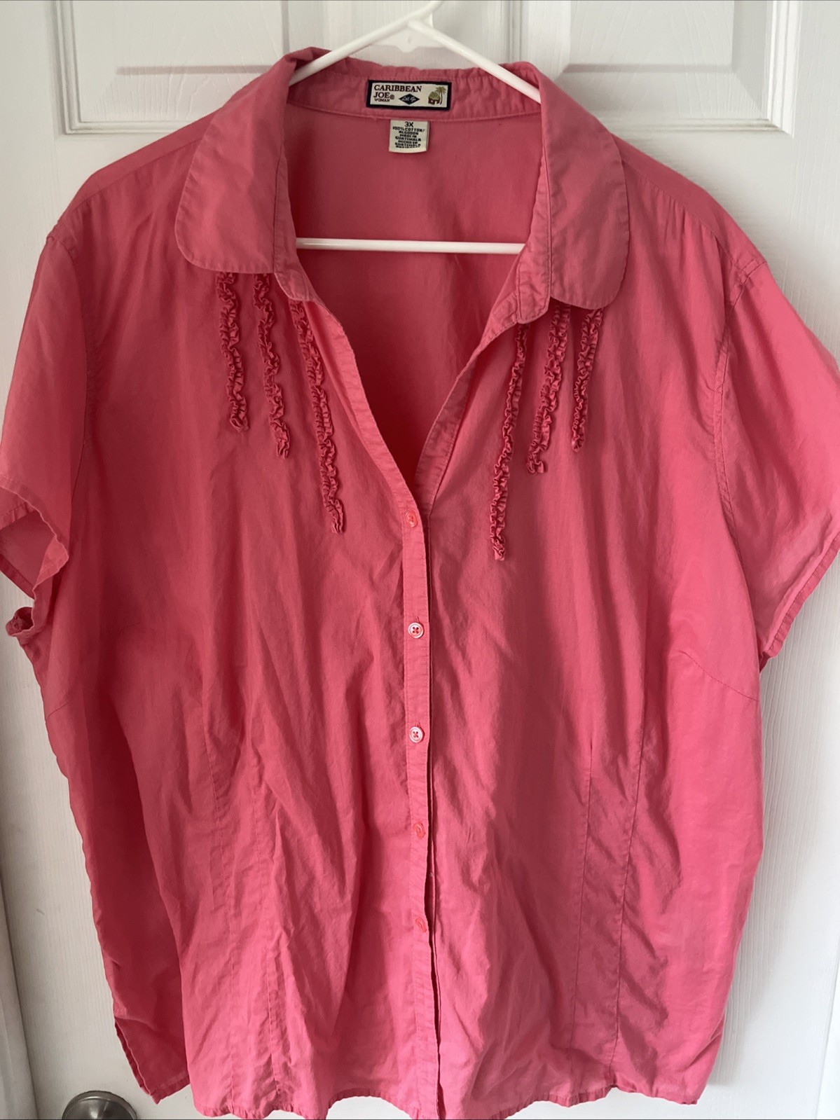 Caribbean Joe Womens Top Plus Sz 3X Pink Soft Comfort Work Beach 100% Cotton V